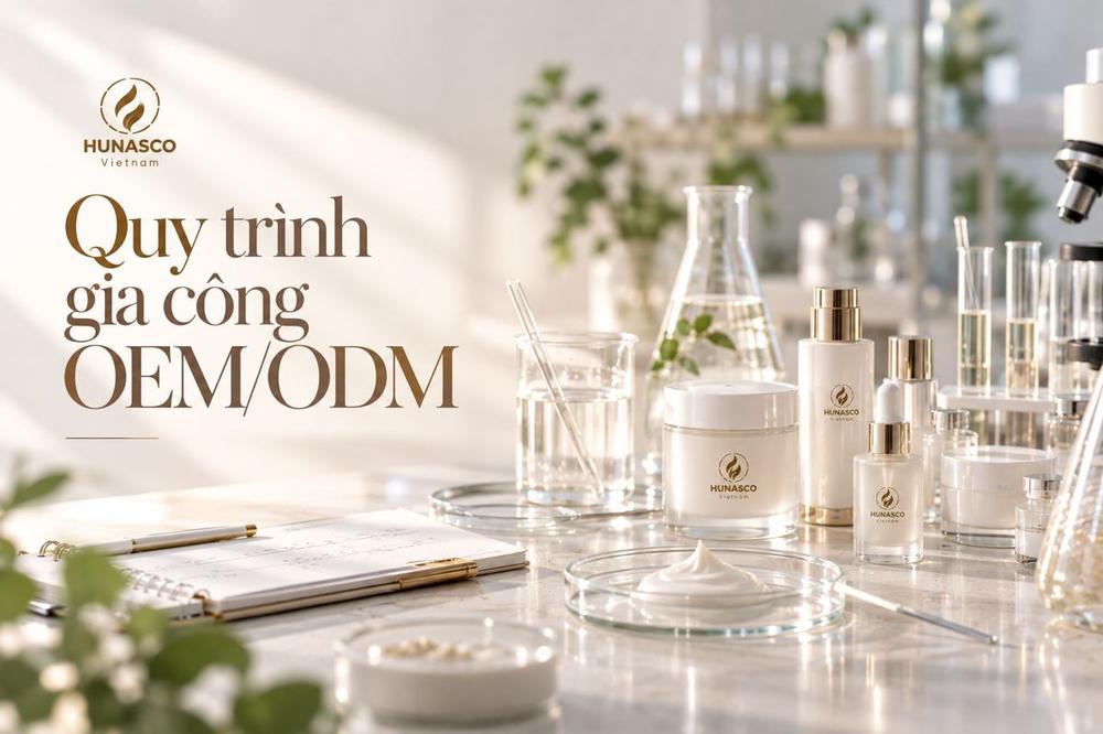 Hình minh họa quy trình gia công OEM/ODM với dụng cụ phòng thí nghiệm và các mẫu sản phẩm Hunasco