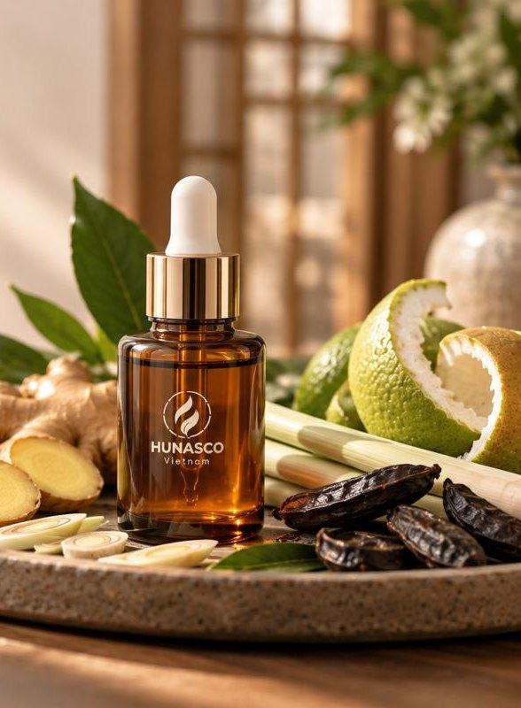 Lọ tinh dầu nhỏ giọt Hunasco bên vỏ bưởi, củ gừng, sả và quả bồ kết